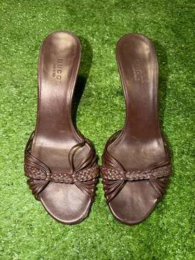 Vintage Gucci Tom Ford Era Brown Braided Leather Bamboo Stiletto Sandals